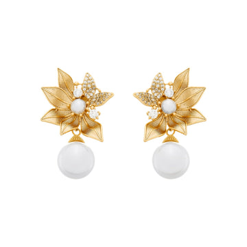 Brinco Dourado com Folhas em Zircônia e Pérolas
