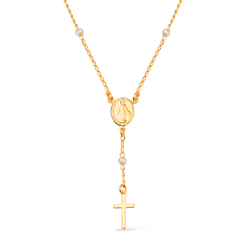 Colar Dourado Religioso Terço Cruz e Pérolas